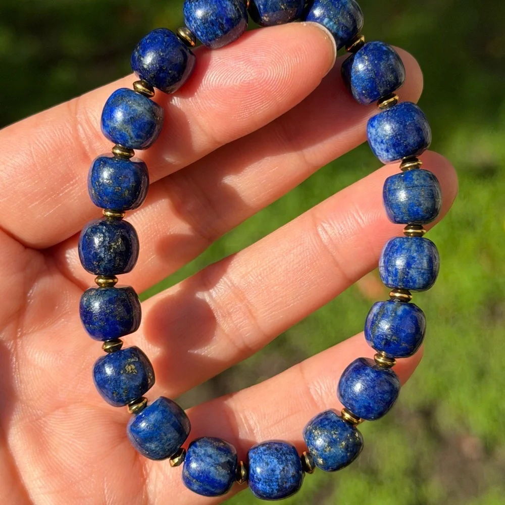 10mm stretchable stainless steel‎ blue lapis barrel shape bracelet 0808